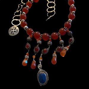 Carnelian, Lapis, Navajo hand made silver beads collar